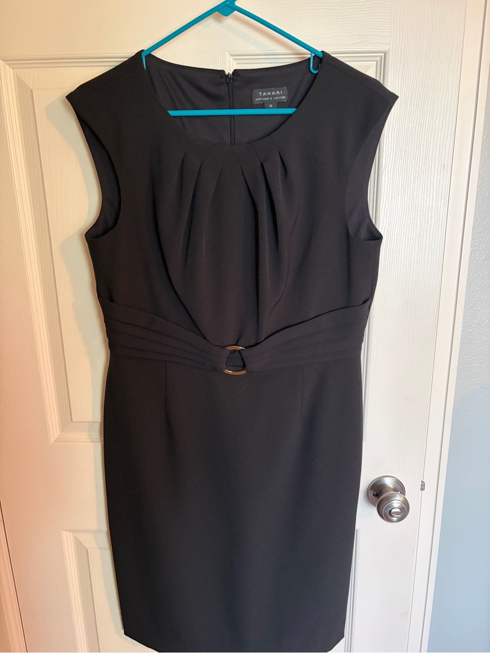 Tahari Black Sleeveless Sheath Dress with Front Pleats